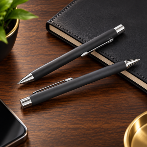 Premium black metal ball pen with silver accents for corporate gifting and personalized engraving