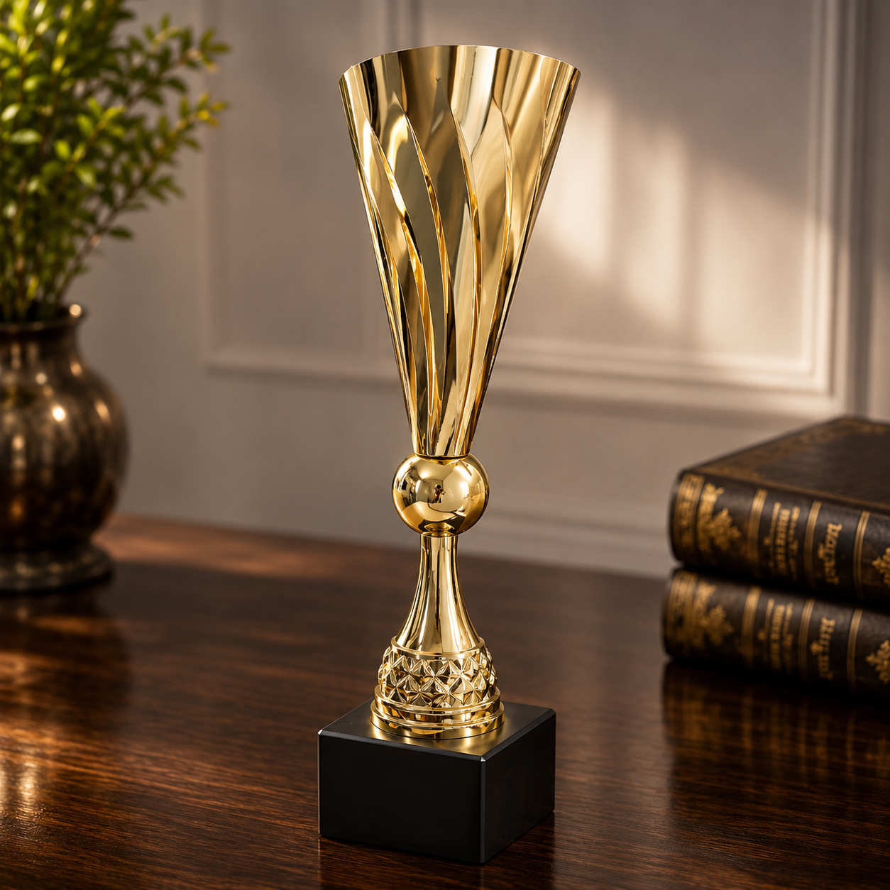 Premium Gold Spiral Trophy side view with Black Base