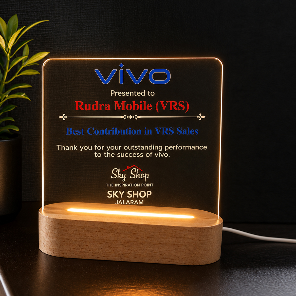Wooden Ovel LED Base Transparent Acrylic Award | Wooden LED Bace 15X6cm | Corporate LED Engraving - Image 2