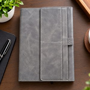 Premium grey PU leather executive notebook for corporate gifting