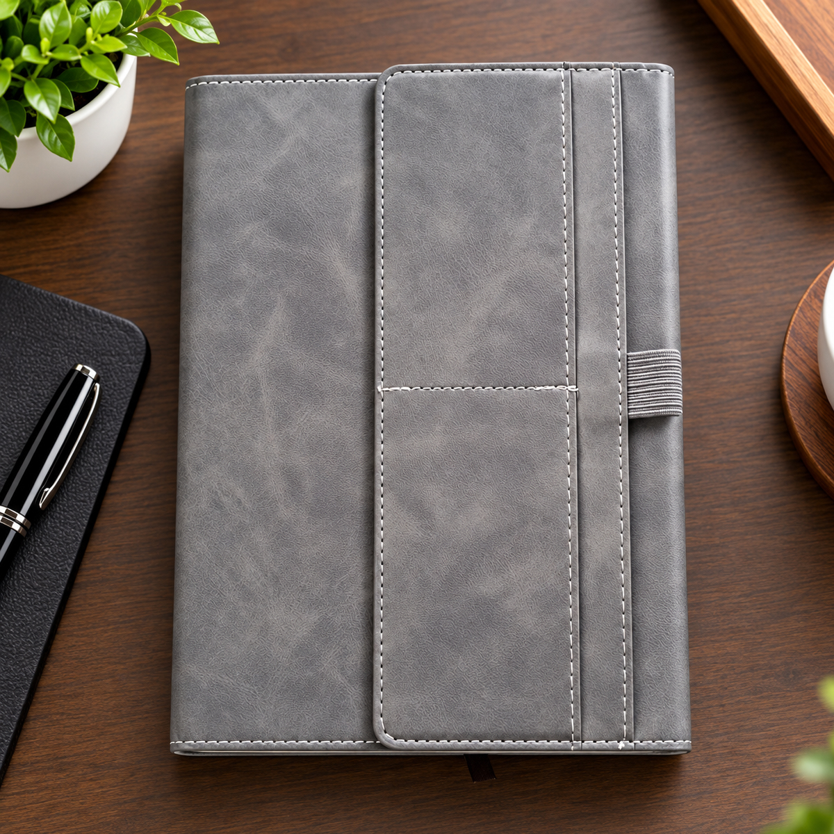 Premium grey PU leather executive notebook for corporate gifting