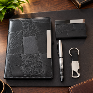 corporate gift set with textured notebook, card holder, metal pen and keychain