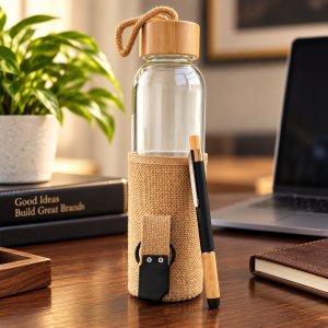 Glass Bottle with Bamboo Cap & Jute Sleeve – Sustainable Corporate Gift