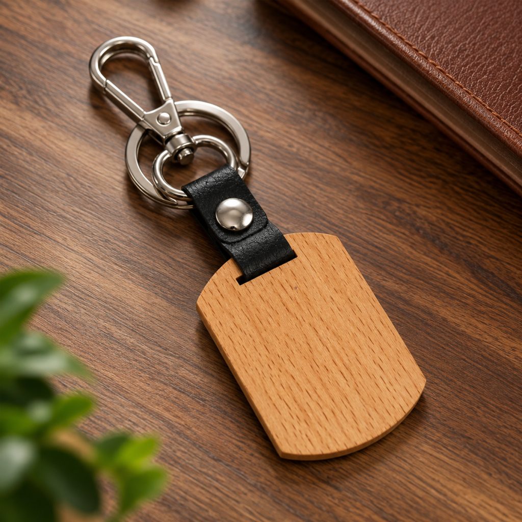 custom branded leather wood keychain